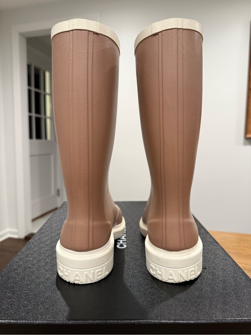 CHANEL Beige and Cream Rubber Knee-High Rain Boots with CC Logo - Picture 4 of 10